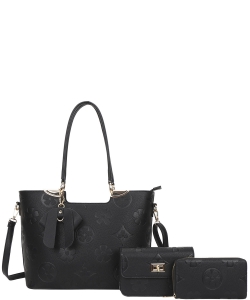 3n1 Floral Print Design Shoulder Tote Bag with Crossbody and Wallet Set YB-8093-S BLACK